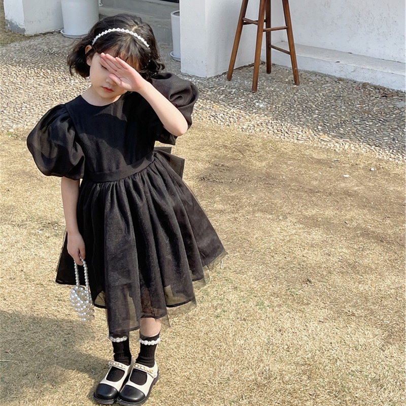 Đầm Công Chúa Tay Phồng Hở Lưng Màu Đen Phong Cách Hàn Quốc Thanh Lịch Thời Trang Cho Bé Gái