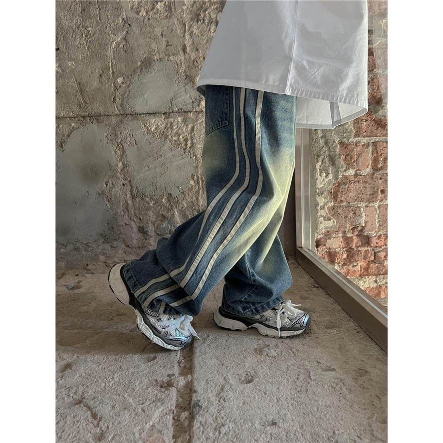 Quần jean ống suông bé trai SIZE ĐẠI QB641 size 90-160 màu xanh mài sọc bên, thời trang trẻ em thu đông 2023