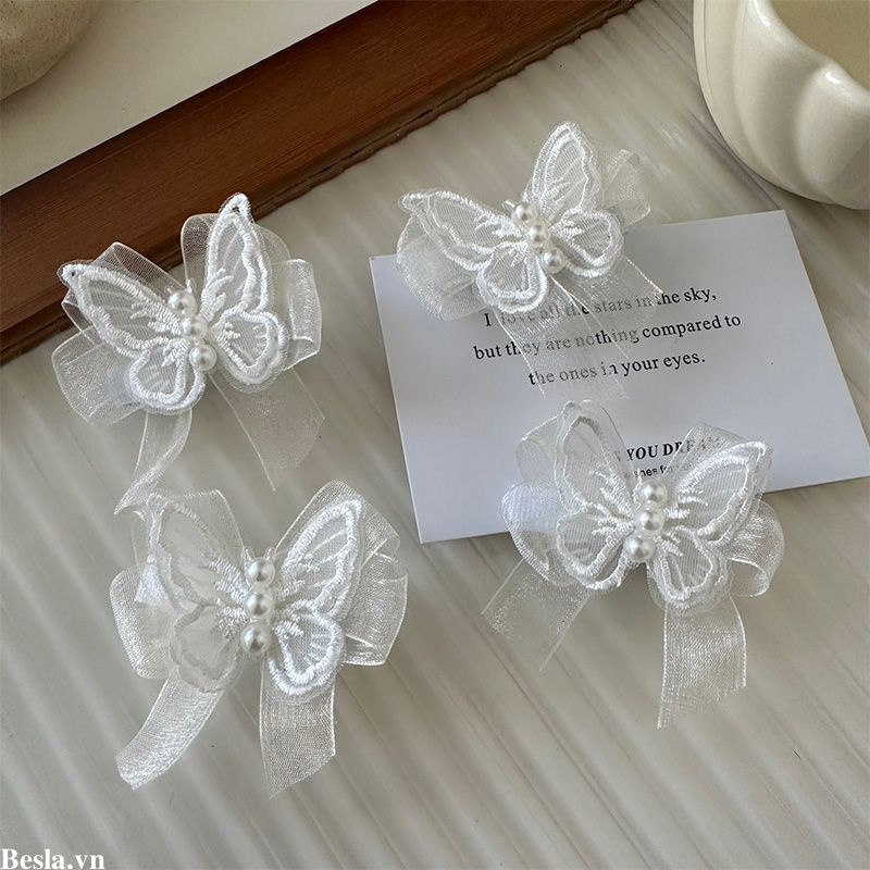 👑Kẹp Tóc Mái Bướm Bằng Ren Màu Trắng Siêu Cổ Tích Thời Trang Mùa Hè