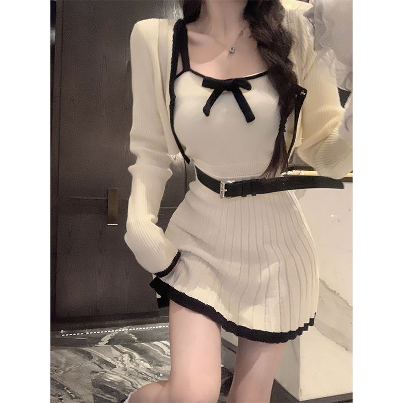 Bộ Áo Khoác cardigan Dệt Kim + Chân Váy Xếp Ly Lưng Cao Thời Trang Thu Đông 2023