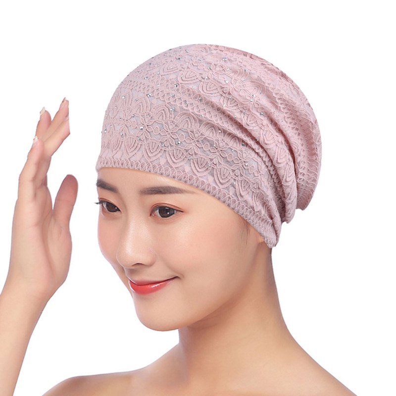 Selense Mũ Trùm Đầu Phối Ren Đính Đá Thời Trang Cho Nữ