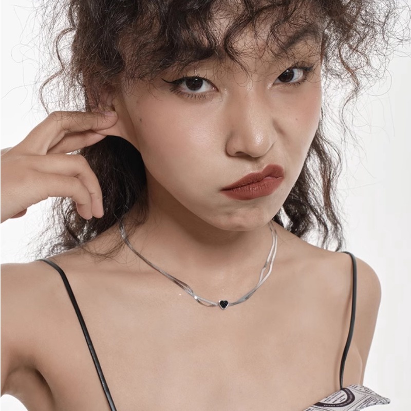 We flower Vòng cổ Hai Lớp Bằng Thép Không Gỉ Mặt Hình Trái Tim Màu Đen Thời Trang Cho Nam Và Nữ