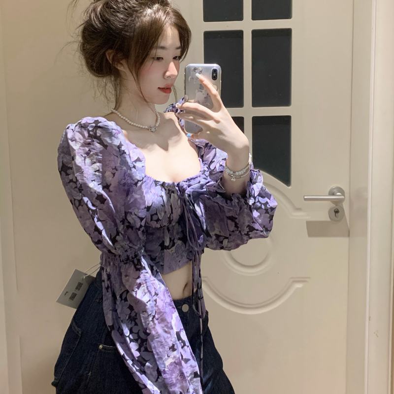 One Áo Sơ Mi Tay Dài Phồng Trễ Vai In Họa Tiết Hoa Thời Trang Xuân Thu 2023 Cho Nữ