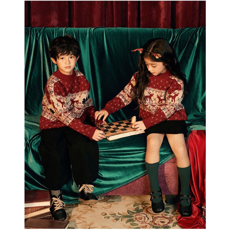 Áo sweater Vải Lông Cừu Dày Chui Đầu Màu Đỏ Giáng Sinh Phong Cách Hàn Quốc Dễ Thương Thu Đông Cho Bé Trai Bé Gái