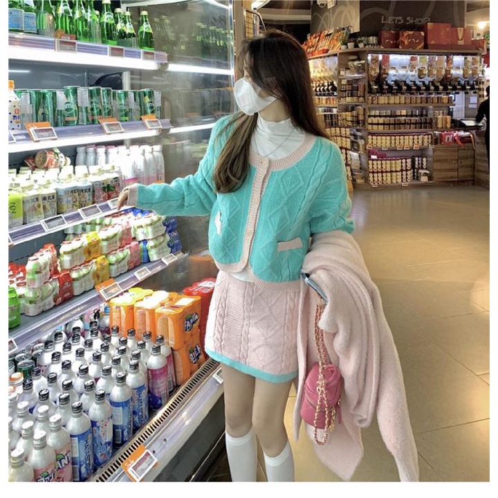 Bộ Áo Khoác cardigan + Áo Khoác Dệt Kim Màu Xanh Lá Thời Trang Mùa Xuân Cho Nữ