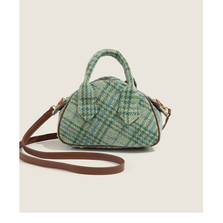 Túi Len Đeo Chéo Vai Họa Tiết Caro Màu Xanh Lá Cây Trẻ Trung Hợp Thời Trang