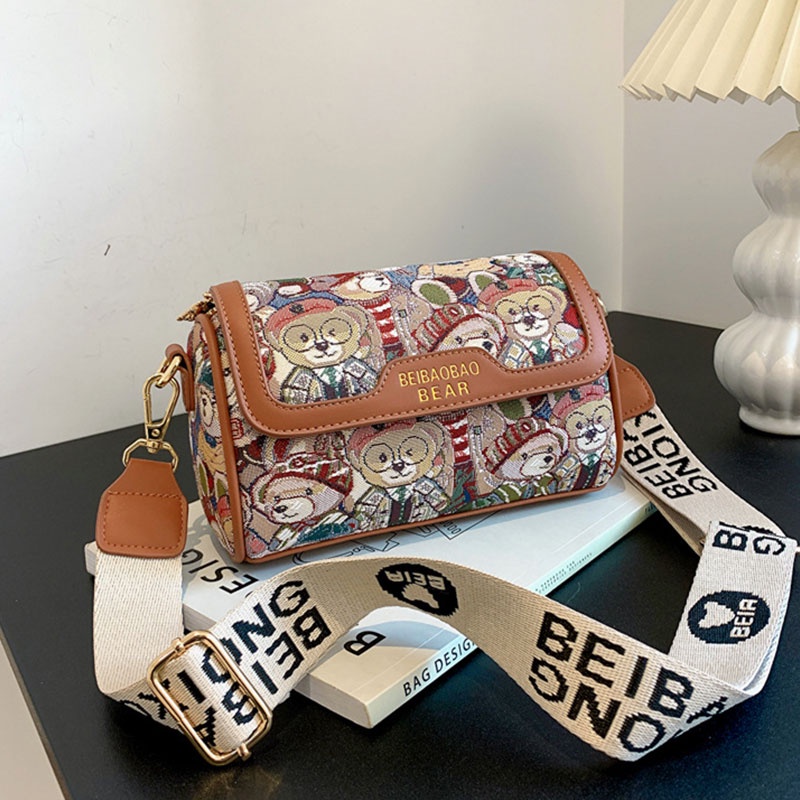 Ht xiansheng Túi Đeo Chéo Vai Bằng Da Cao Cấp Sức Chứa Lớn Hình Gấu Hoạt Hình Màu Tương Phản Thời Trang Nhật Bản Dễ Thương Cho Nữ