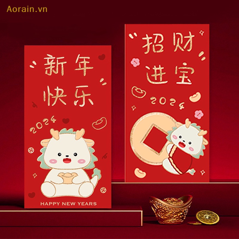 Set 6 Bao Lì Xì Đỏ Hình Rồng May Mắn Trang Trí Năm Mới May Mắn Phong Cách Trung Hoa {cny