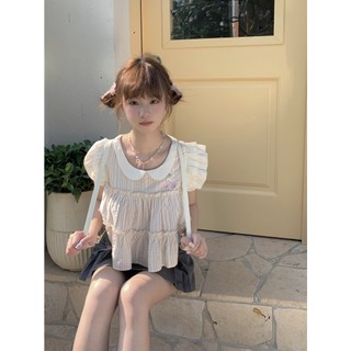 Singirl Áo Sơ Mi Xếp Ly Hai Mảnh Tay Áo Bay Nhỏ Ngọt Ngào Mùa Hè hakama Cho Nữ