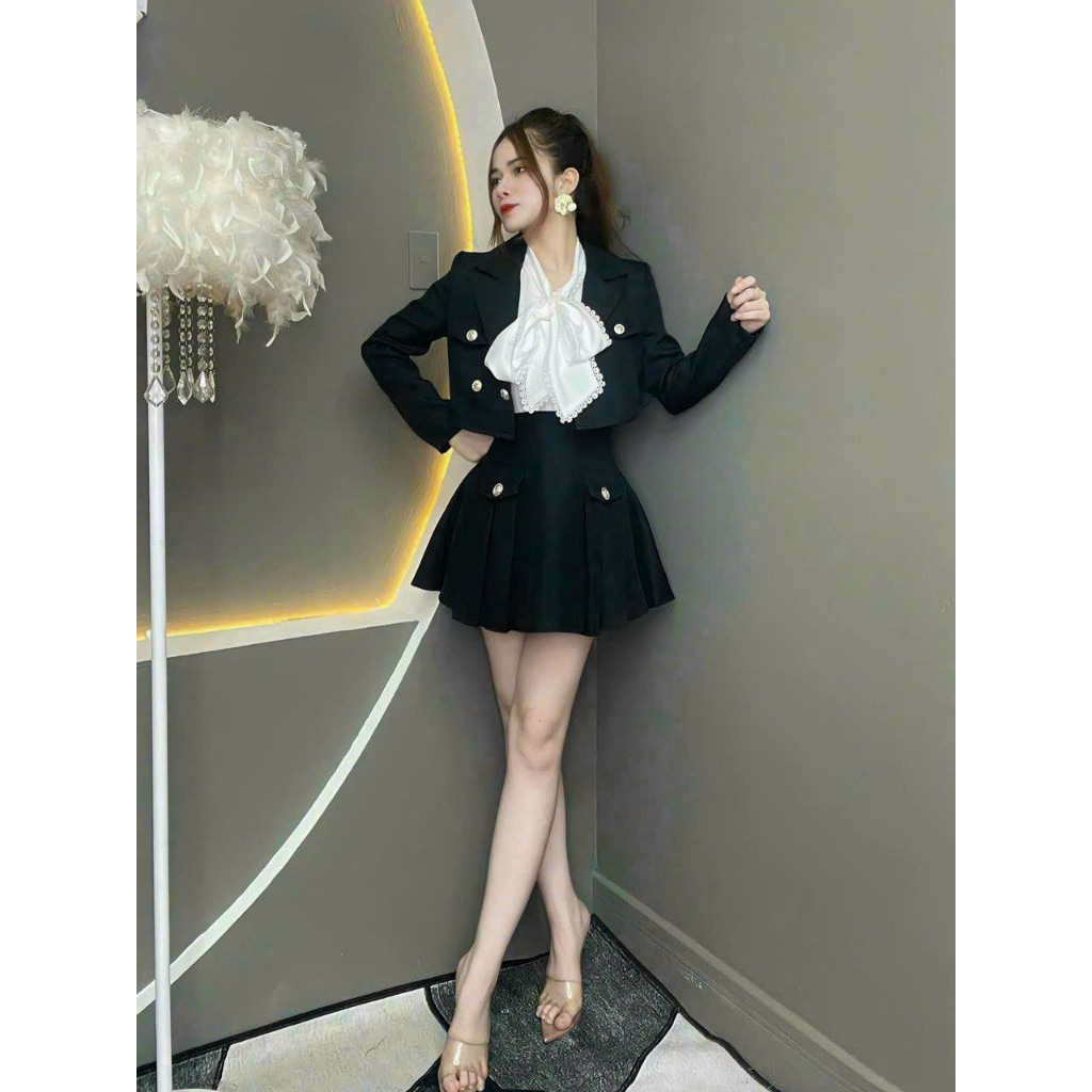 Set bộ nữ 3 món, set áo vest tay dài croptop mix chân váy ngắn xoè kèm áo trắng cột nơ dx thời trang Nlynh