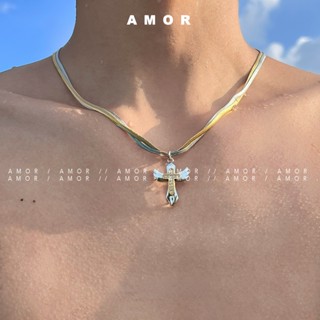 Vòng cổ Hai Lớp Bằng Thép Titan Mặt Cánh Thiên Thần Màu Vàng Thời Trang Đường Phố Âu Mỹ Cá Tính Không Màu Dành Cho Nam