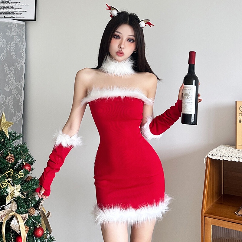 Kliou Đầm Ôm Dáng Ngắn Không Dây Phối Lông Trơn Đơn Giản Quyến Rũ Giáng Sinh Cho Nữ Có Tay Áo Qua