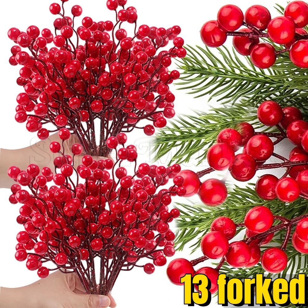 13 Nhánh Cây Nhân Tạo Màu Đỏ / Cây berry Nhân Tạo / Trang Trí Giáng Sinh diy