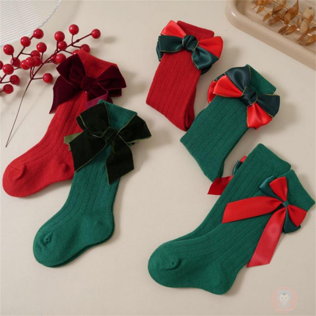 Laa6- Tất Dài Mềm Mại Trang Trí Nơ Giáng Sinh Ngọt Ngào Dễ Thương Cho Bé Gái