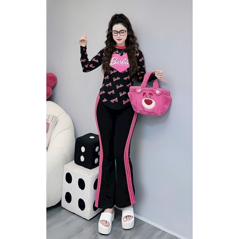 Set Đồ Bộ Áo Thun Tay Dài Chạy Viền In Chữ Barbie Phối Quần Dài Ống Loa Thun Tăm Lạnh Siêu Cưng , Hot , Đi Chơi Cực Xin
