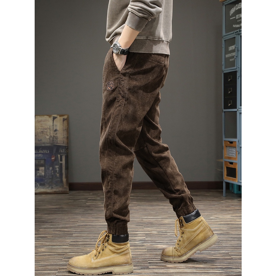 Quần nhung tăm dáng rộng lưng thun co giãn phong cách retro Mỹ thời trang mùa đông cho nam có size lớn