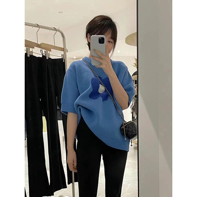 Milyfashion Áo sweater Dệt Kim Tay Phồng Ngắn In Hoa Màu Xanh Dương Thời Trang Mùa Xuân 2023 Cho Nữ