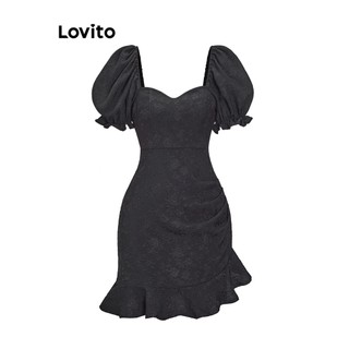 Đầm xòe Lovito xếp ly màu trơn thanh lịch cho nữ L59ED129 (Đen)