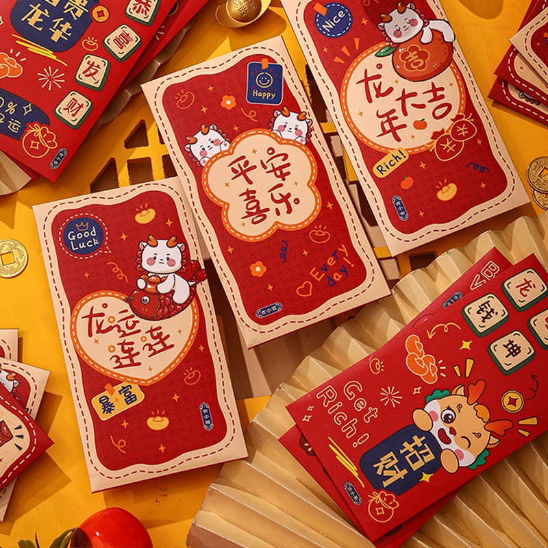 Set 6 Bao Lì Xì Đỏ Họa Tiết Rồng Dễ Thương 2024 cny