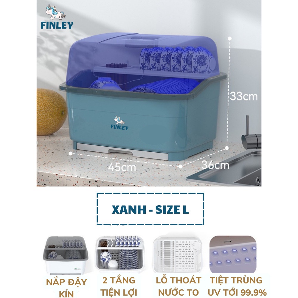 Kệ úp chén đĩa, bình sữa có nắp đậy 2 tầng FINLEY Smart tiệt trùng UV diệt khuẩn, kệ úp bát ly có khay hứng nước