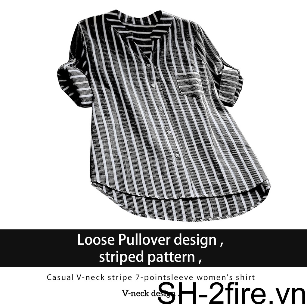 Áo Sơ Mi Nữ Tay Dài Kẻ Sọc Cổ Chữ v Thời Trang