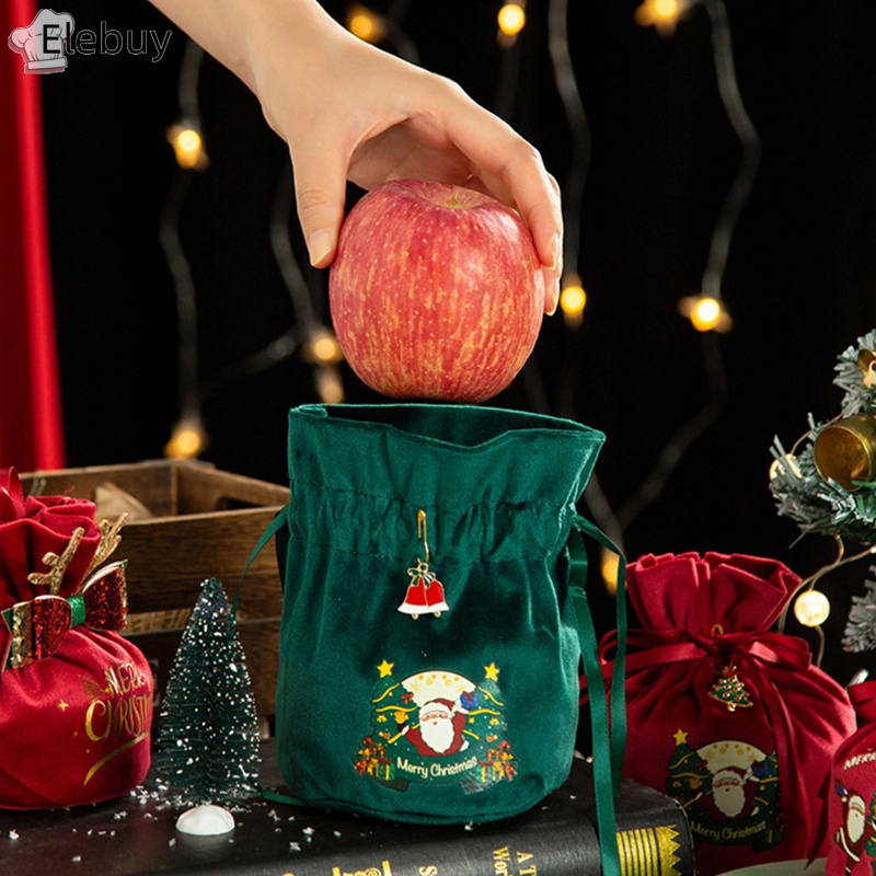 Túi Nhung Dây Rút Đựng Quà Giáng Sinh / Năm Mới Có Tay Cầm Hình Ông Già Noel