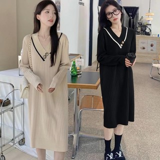 MR [oversize] (50-150kg) Đầm midi Dệt Kim Dáng Rộng Cổ Chữ v Màu Trơn Phong Cách Hàn Quốc Cho Nữ Giới