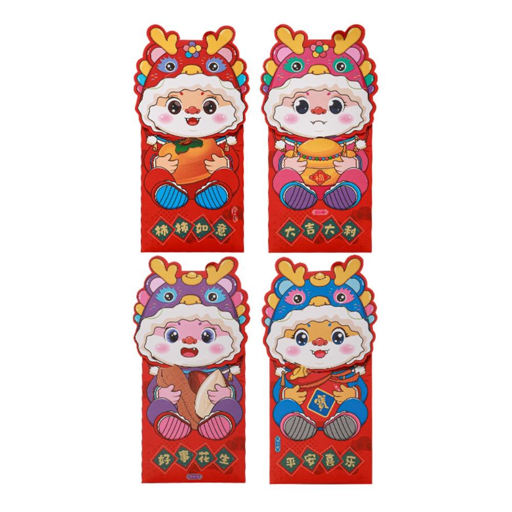 Mxmio Set 4 Bao Lì Xì Đỏ May Mắn Hình Rồng Hoạt Hình Không Dễ Nhăn Phong Cách Trung Hoa