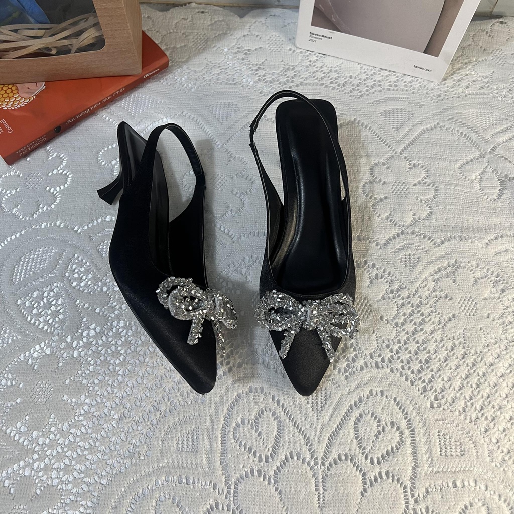 Giày cao gót dự tiệc bigsize nơ đính đá cao 5 cm size 40-44