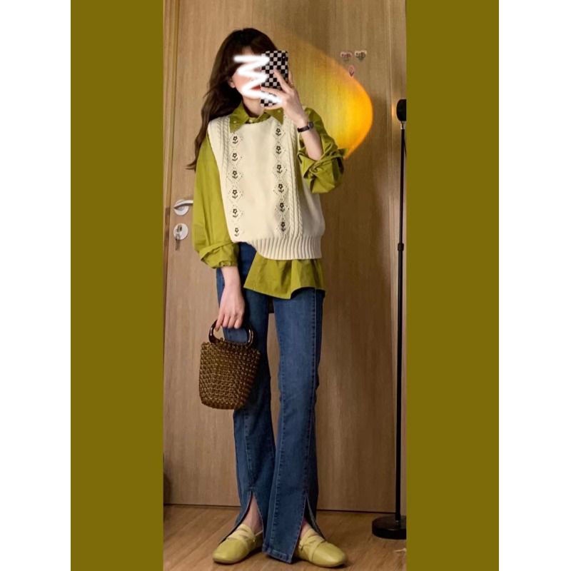 Set Áo Sơ Mi Tay Dài + Áo Len Không Tay Phong Cách Hàn Quốc Thời Trang Xuân Thu Hàng Mới Dành Cho Bạn Nữ