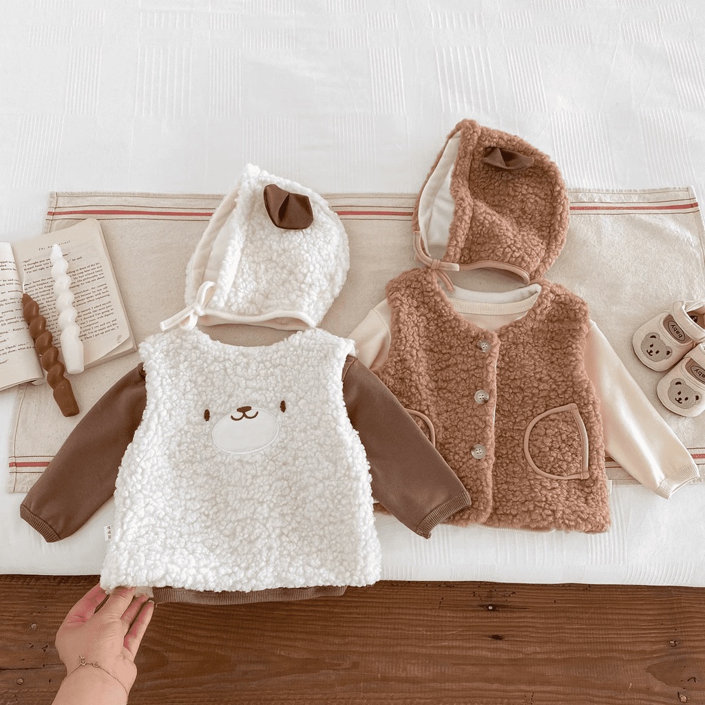 Áo Khoác Gile Lông Cực Ấm + Mũ , Dầy Dặn Cho Bé  0-24 Tháng