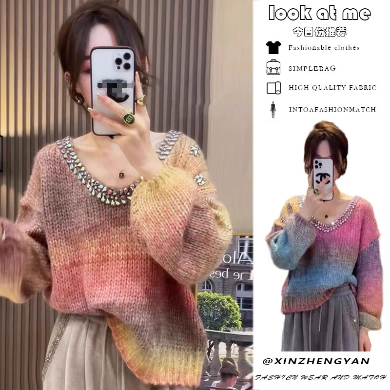 Áo Len Sáp Mềm Chui Đầu Dáng Rộng Đính Hạt Kim Cương Kiểu Công Nghiệp Thời Trang Thu Đông Cho Nữ