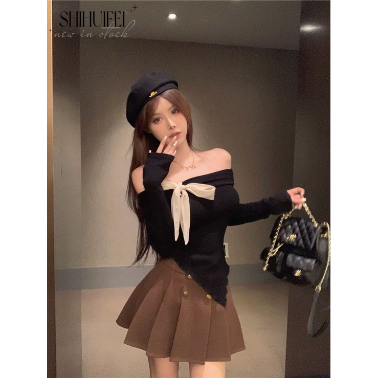 SHIHUIFEI Áo Len đỏ áo trễ vai len áo khoác cardigan Hàn Phong Đơn giản Fashion Thời trang WMY23C0118 48Z231202