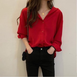 Yuewen áo sơ mi voan nữ thu đông áo sơ mi đỏ dài tay áo thun nữ top