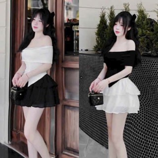 Set Bộ Áo Trễ vai Phối Nút Giữa Phối Chân váy Xòe tầng Vải Voan Siêu Cưng , Hot , Đi Chơi Cực Xinh