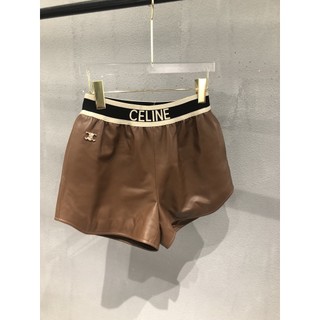 CE * Four Seasons can wear waist letter logo ribbon stitching wide leg pants leather pants shorts