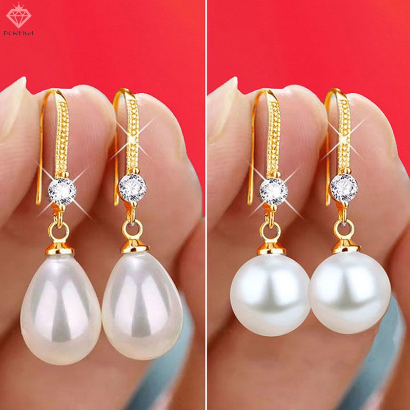 [pcwfkef] Bông Tai Ngọc Trai Hình Giọt Nước Tròn Đỏ Trắng Đính Hôn Cho Nữ Mới