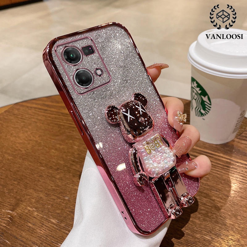 ốp lưng oppo reno 7 reno 7 pro Ốp Điện Thoại Mềm Mạ Điện Hình Gấu Lấp Lánh Có Giá Đỡ Xoay Chống Rơi 