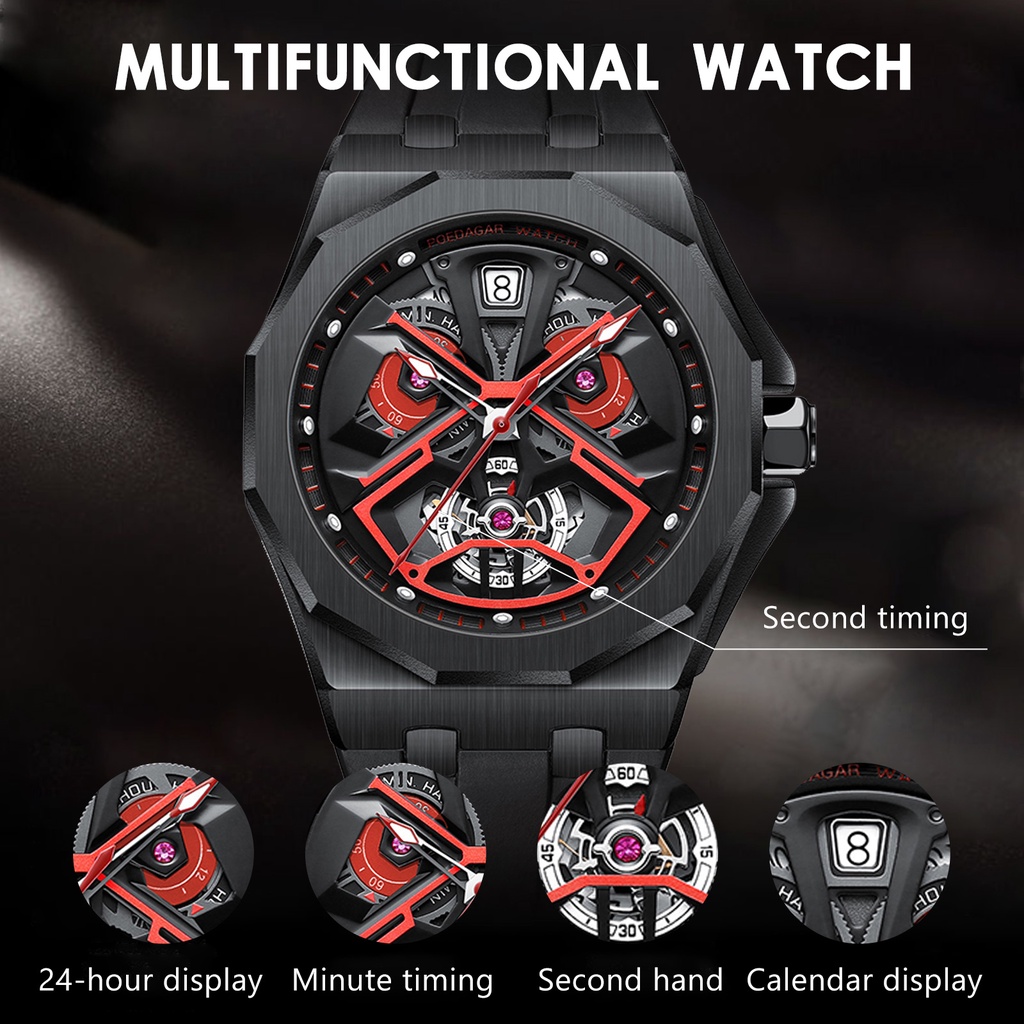 Poedagar Đồng Hồ quartz Nam Hiển Thị Ngày Tháng Dây silicone Chống Thấm Nước Kiểu Dáng Thể Thao