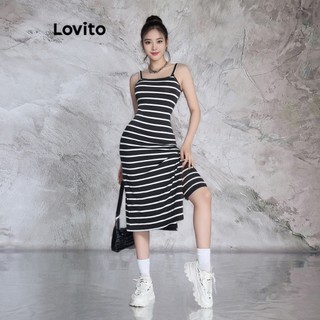 Đầm Lovito xẻ tà trước họa tiết kẻ sọc cơ bản phong cách thường ngày cho nữ LBE02098 (Đen)