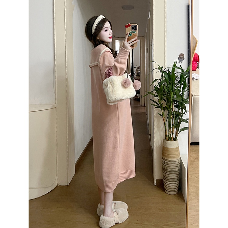 Đầm Dệt Kim Dáng Dài Cổ Thủy Thủ Thời Trang Thu Đông Xinh Xắn Cho Mẹ Bầu