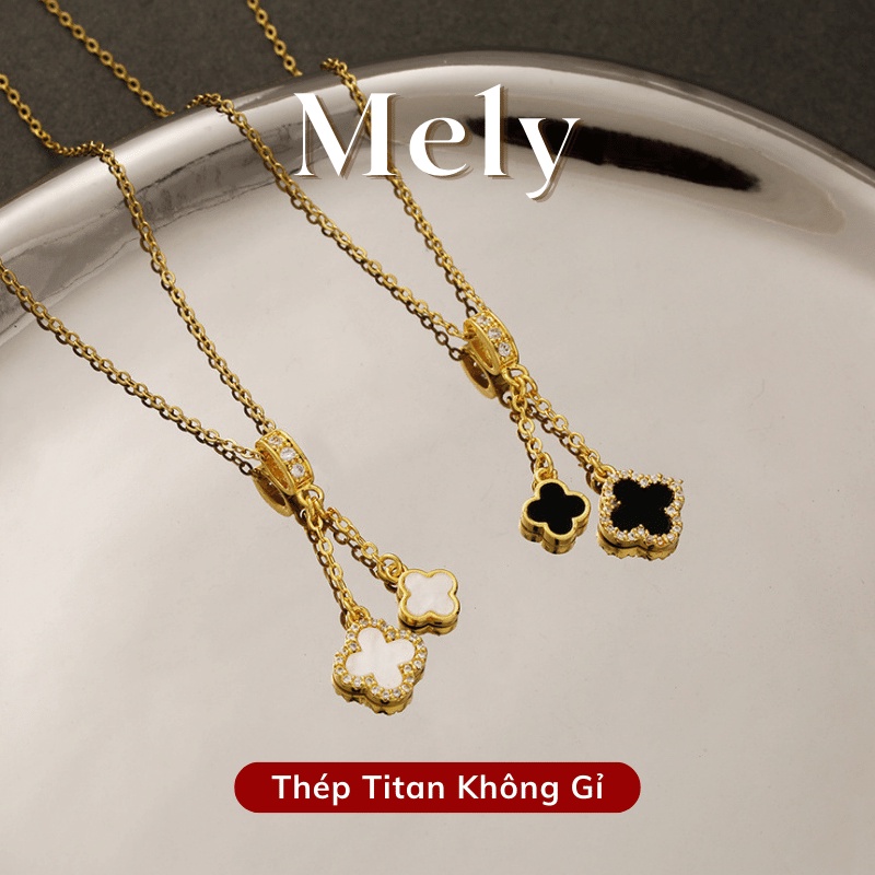 Dây chuyền cỏ bốn lá nữ thép Titan mạ vàng (2 mặt đá) đính đá cao cấp sang trọng TT59
