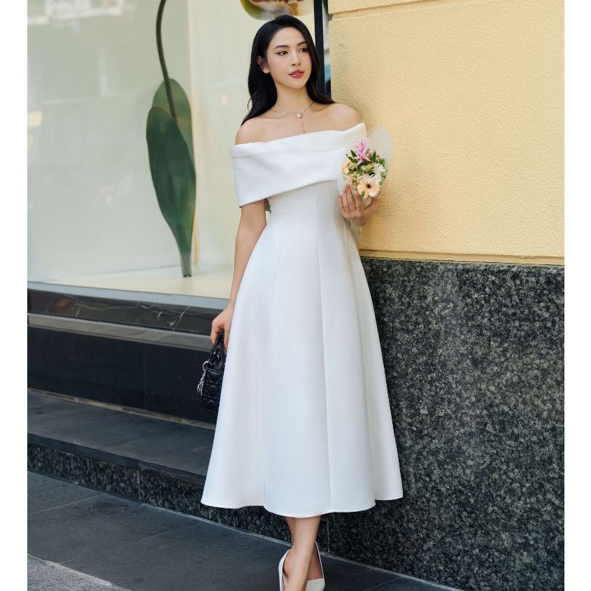 NHẬN NGAY VOUCHER 200K HÔM NAY || JOVEN Đầm Dài Eirlys Dáng Trễ Vai Chiết Eo Thanh Lịch Sang Trọng