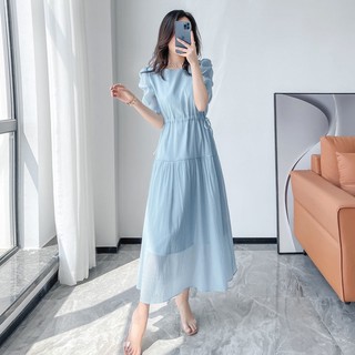 Đầm Chiffon Dài 5KC Buộc Dây Màu Xanh Dương Trơn Cao Cấp Phong Cách Pháp Thời Trang Mùa Hè Cho Nữ