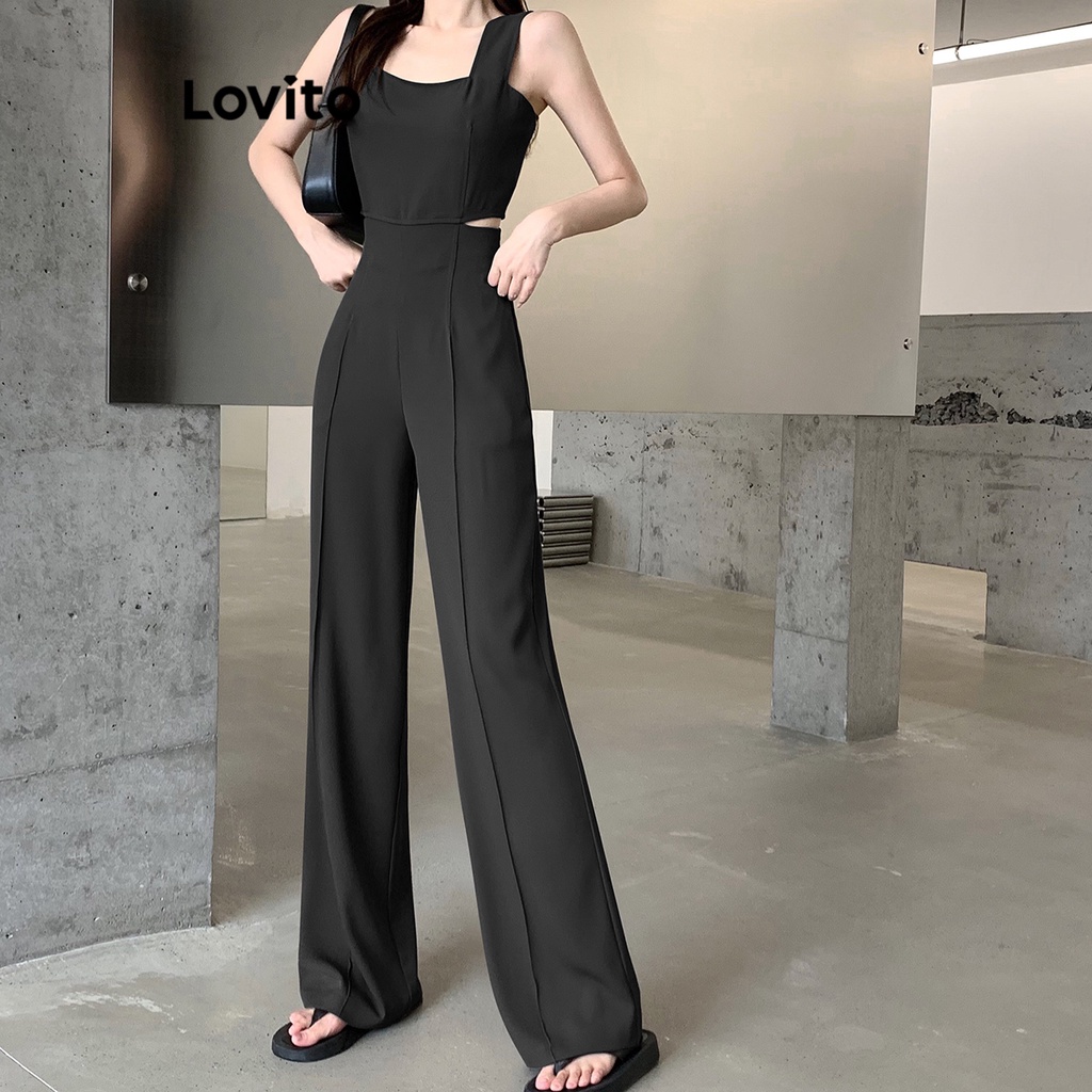 Lovito Bộ áo liền quần trơn thường ngày cho nữ LNE37062 (Xám đậm/Đen)