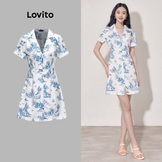 Đầm Lovito phối nút họa tiết hoa thời trang thường ngày cho nữ L59ED116 (Xanh dương và Trắng)