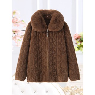 Áo khoác lông nữ cho bà già lớn tuổi  có cổ lông tháo rời hàng Quảng châu cao cấp