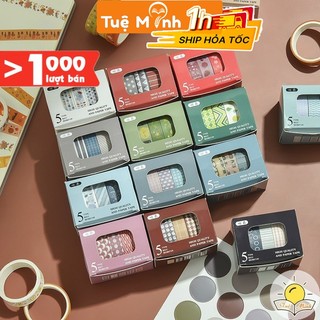 Bộ 5 washi tape băng dính 2m họa tiết basic WA01 dán trang trí đa năng Vpp Tuệ Minh