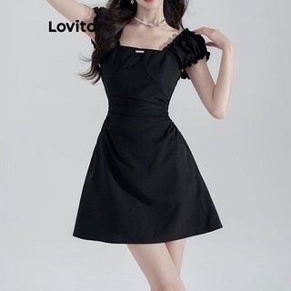 Đầm chữ a ngắn Lovito váy xinh nhẹ nhàng xếp nếp viền nhún bèo màu trơn thường ngày cho nữ LNA20065 (Màu đen)
