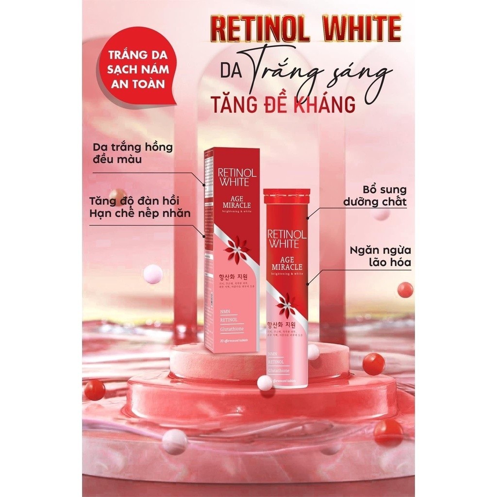 Viên sủi trắng da toàn thân Retinol White bổ sung collagen, glutathione giúp da căng mịn, giảm nám [
